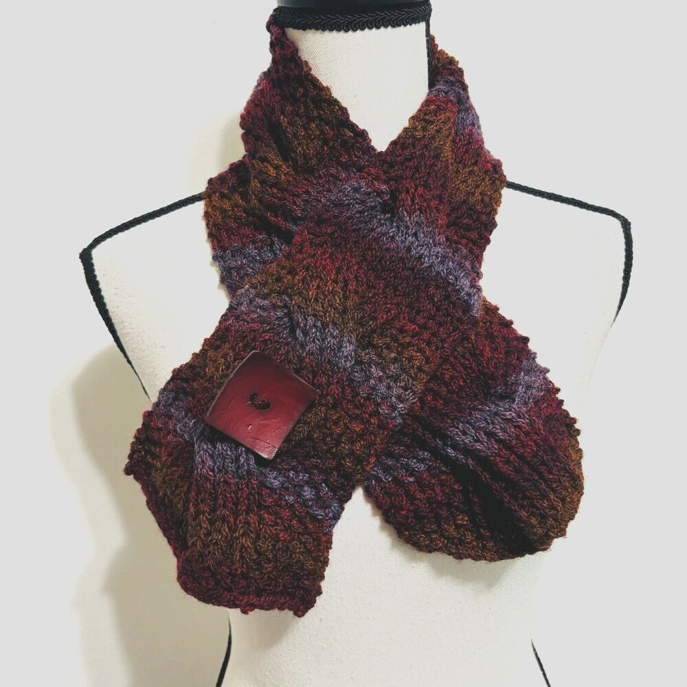 Hand-Knit Short Neck Warmer O/S Earthy Ombre Colors Button Scarf